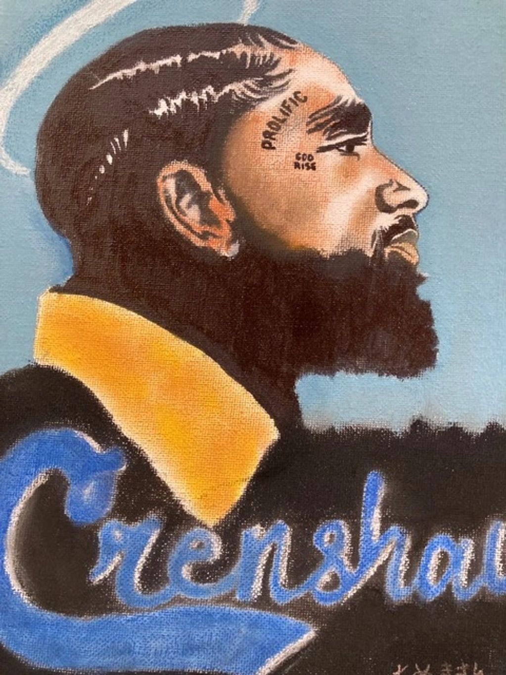 Portrait of a man with braided hair and beard, featuring face tattoos and the name Crenshaw.