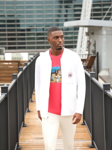 Eman in The Casual Redeye logo Jacket