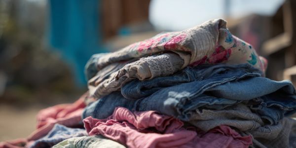A pile of folded clothes stacked outdoors in natural light.