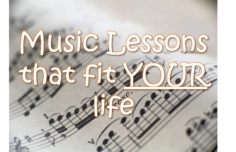 Music notes with text saying "Music lessons that fit YOUR life"