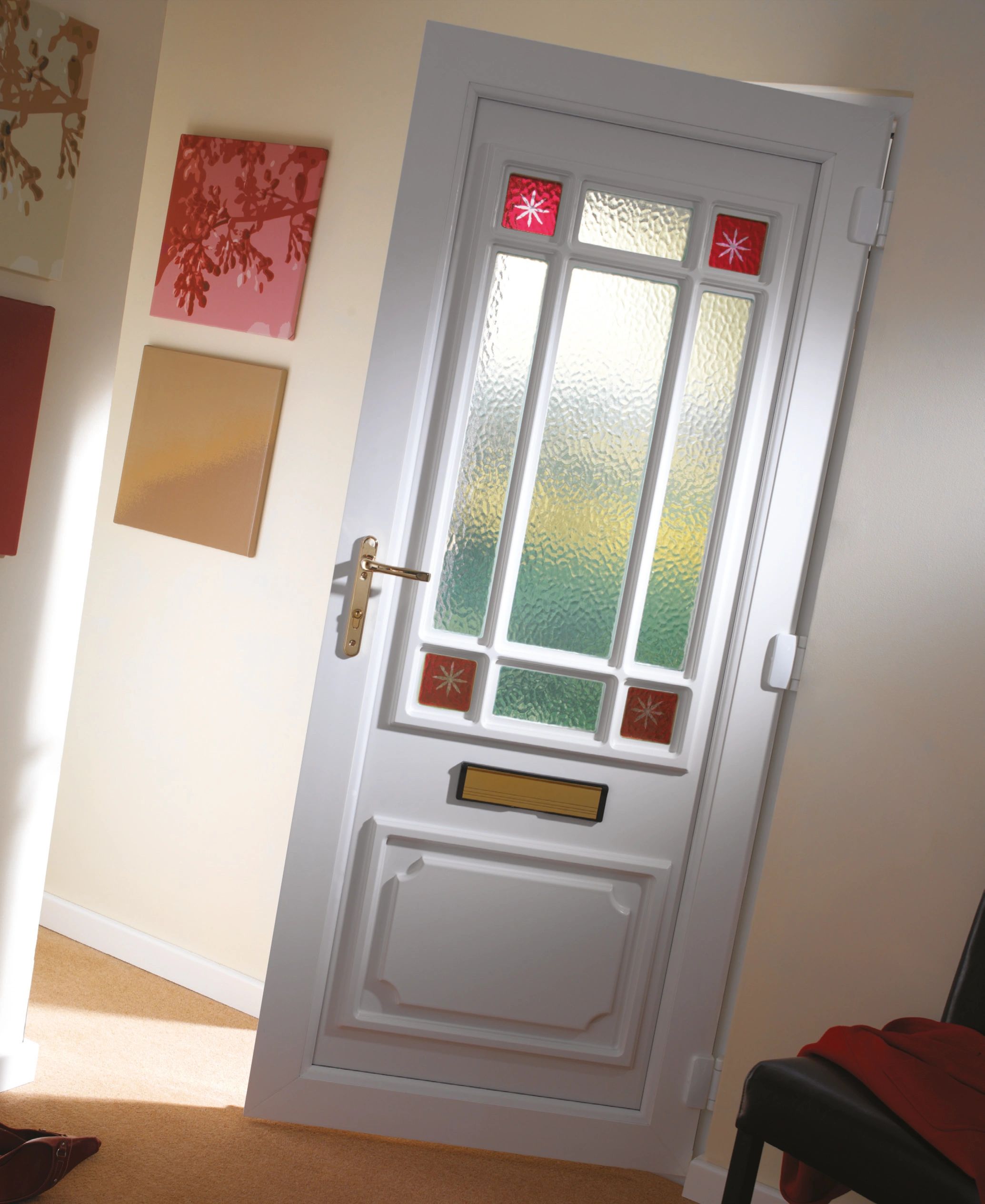 White UPVC Front Door with Red Stars - Seville One Corner from our Classic Door Collection