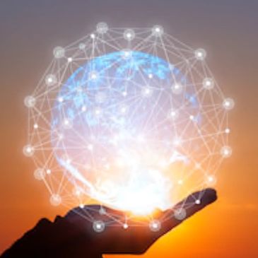 hand holding a globe with network around it