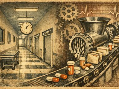 Vintage-style illustration contrasting a hospital hallway with an industrial medical conveyor, symbo