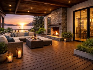 Sunset view from a modern deck with stone fireplace.