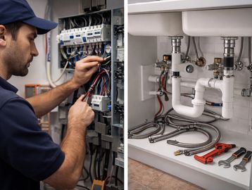 Technician performing expert electrical and plumbing installations behind the scenes.