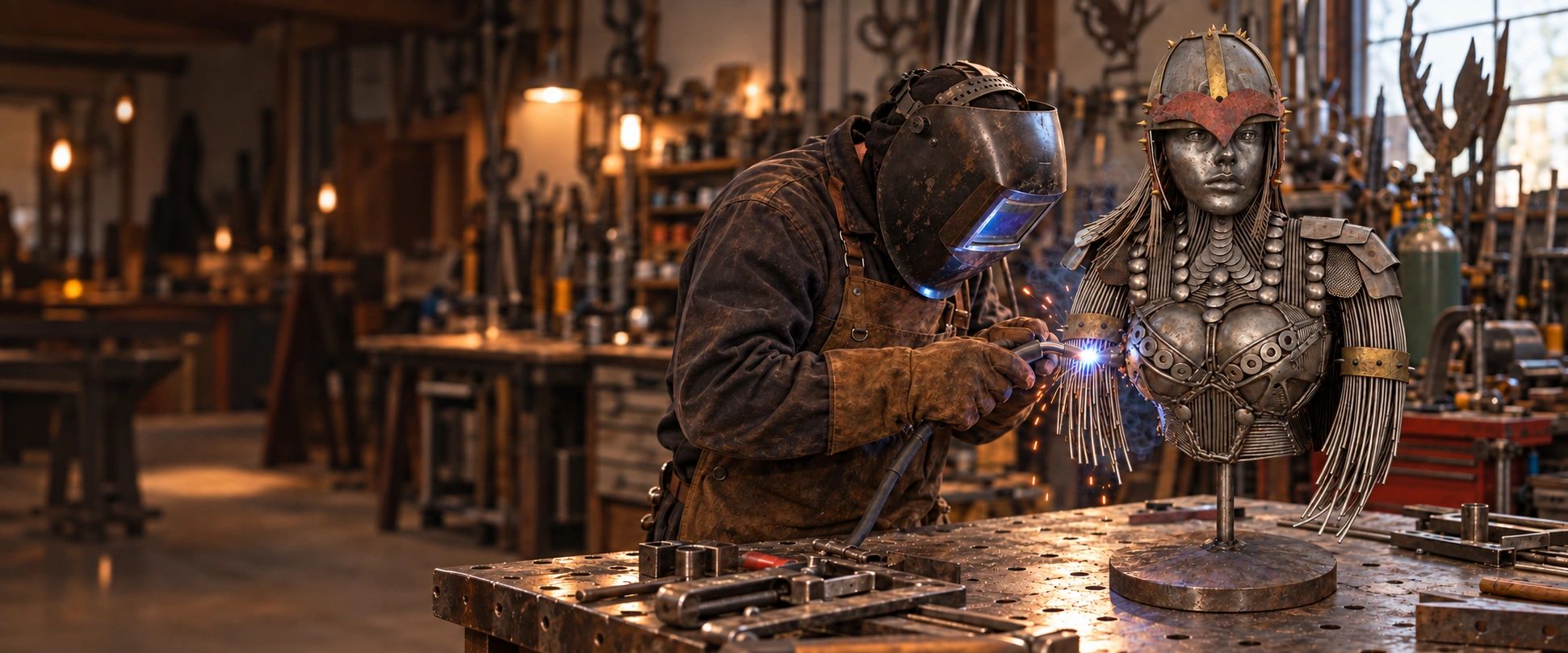 Welding on sculpture in studio