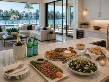 Luxurious kitchen island with gourmet appetizers and waterfront view.
