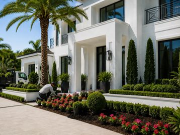 A person gardening in front of a modern white house with palm trees.