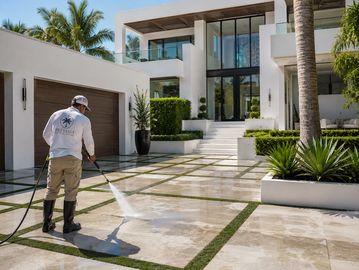 A worker pressure washes a modern home's driveway.