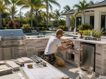A man installs an outdoor kitchen setup by a pool under palm trees.