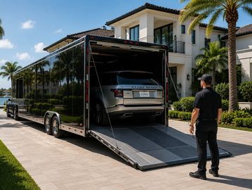 A luxury car being loaded into a sleek black trailer in front of a modern home.