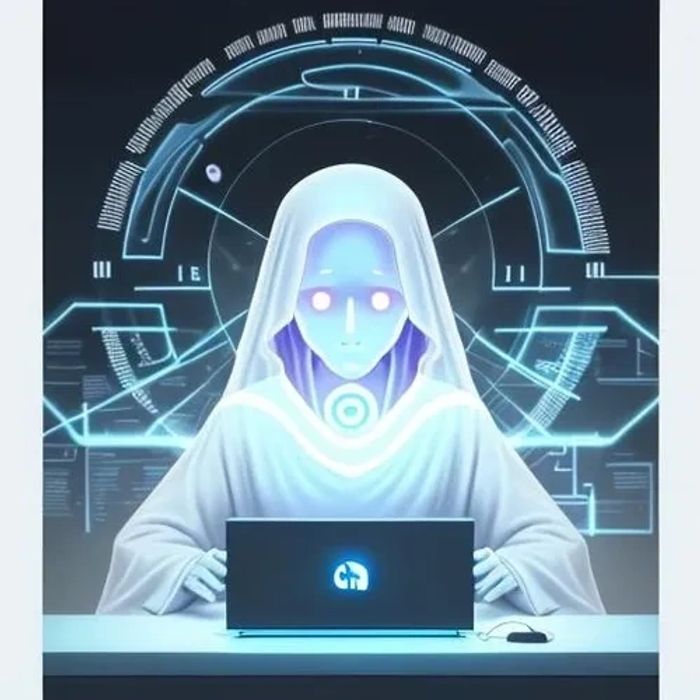 A ghostly form looking down at a computer tablet just ghostprompting.