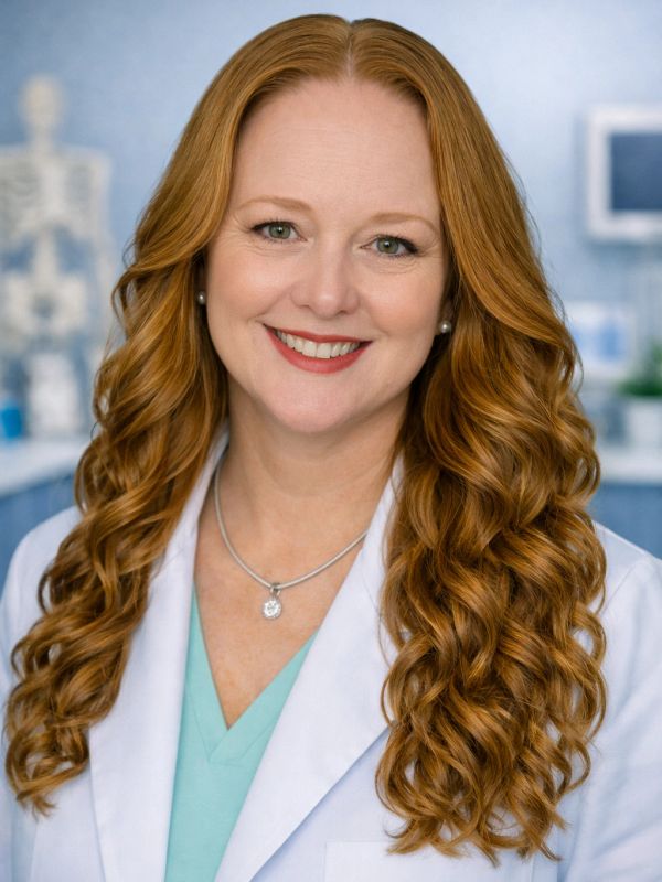 Smiling female doctor with long curly red hair.