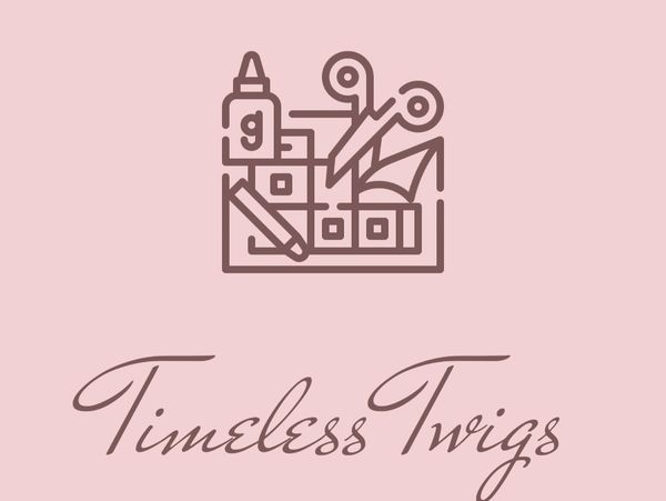Logo with crafting tools and elegant 'Timeless Twigs' text on a pink background.