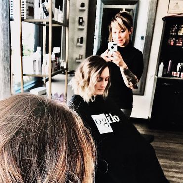 Melissa and client with fresh balayage and chop