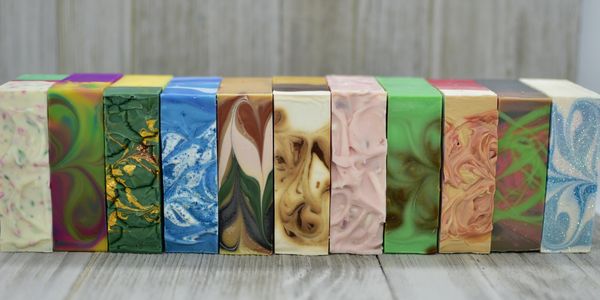 row of a variety of handmade soaps