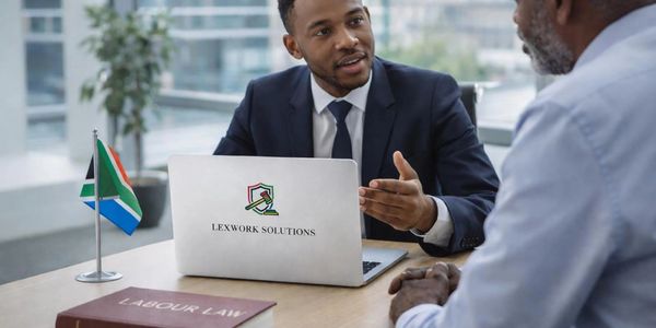 A lawyer consulting a client in an office with a Labour Law book and South African flag.