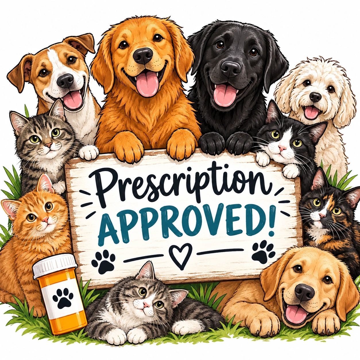 Happy dogs and cats with a sign saying 'Prescription Approved'.
