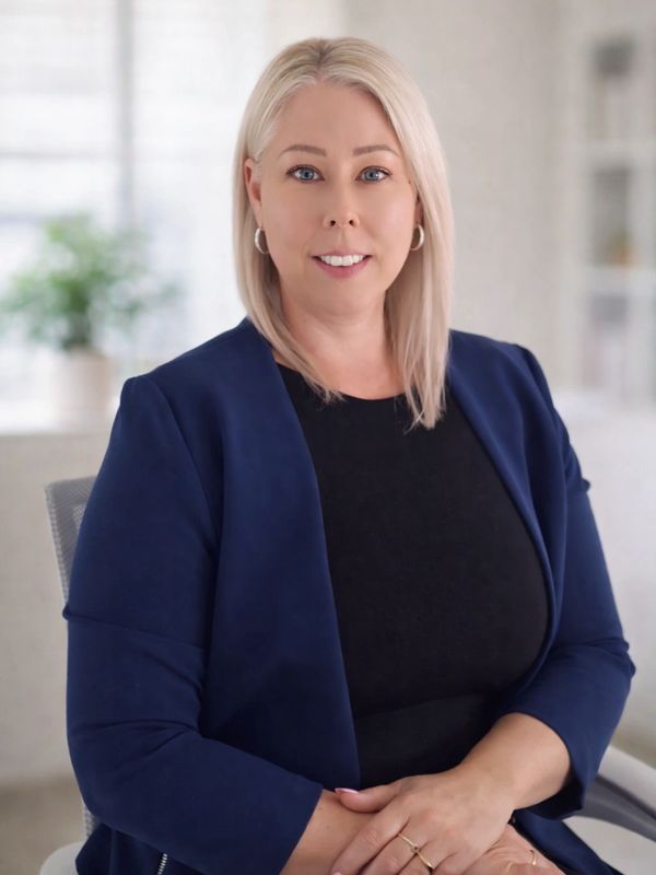 Professional woman with blonde hair in blue blazer and black top.