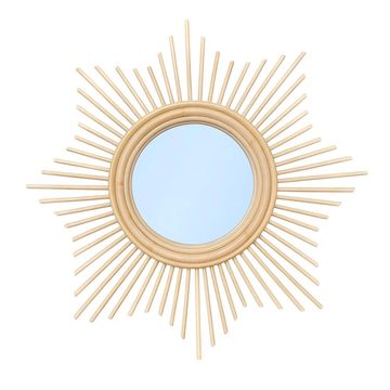 Sunburst-style round mirror with wooden frame.