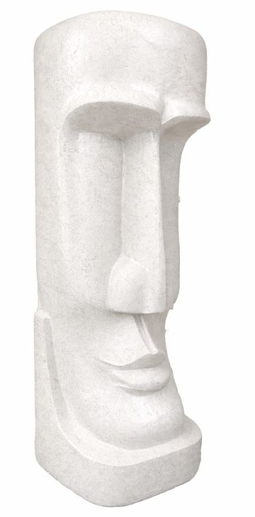 White stone sculpture resembling a Moai statue.