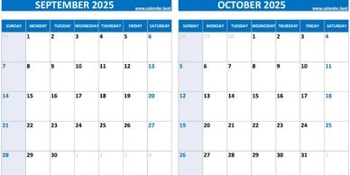September and October 2025 calendars side by side, showing dates and weekdays.