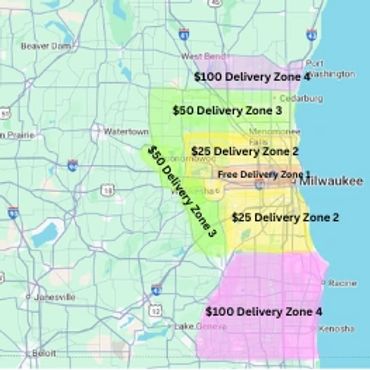 Map showing delivery zones and fees around Milwaukee, Wisconsin.