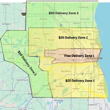Map showing three delivery zones with fees around Milwaukee.