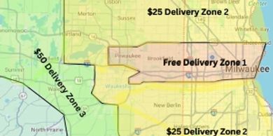 Map showing three delivery zones with fees around Milwaukee.