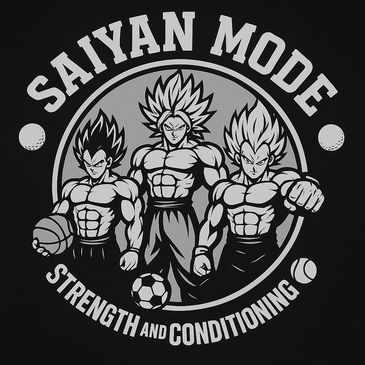 Saiyan Mode Strength and Conditioning with three muscular characters and sports balls.