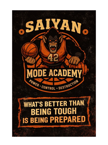Saiyan Mode Academy basketball-themed motivational graphic with an ape mascot.