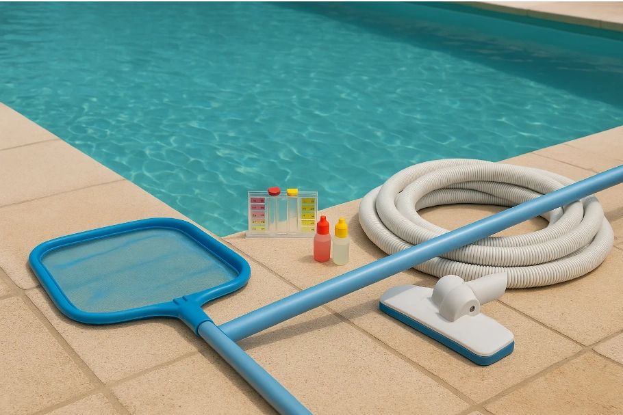 Pool cleaning tools next to a swimming pool.