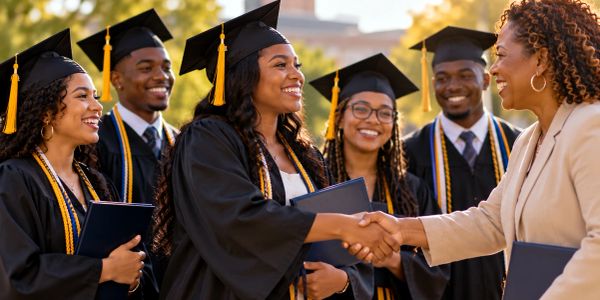 Graduates celebrating and shaking hands with a woman outdoors.