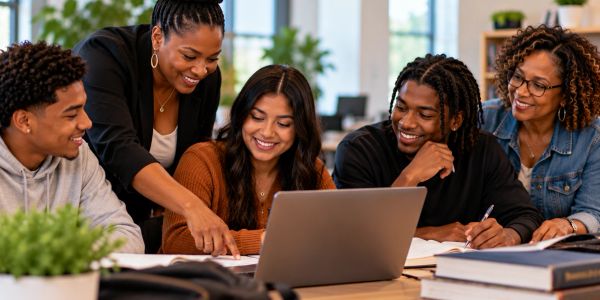 Group studying together with a laptop.
