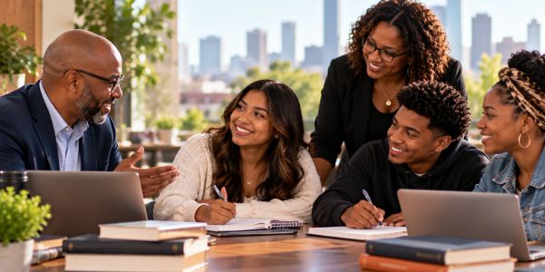 Group of diverse students with a teacher studying together.