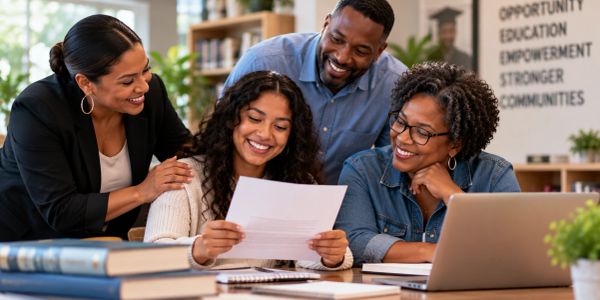 A girl happily reading a paper surrounded by three adults.