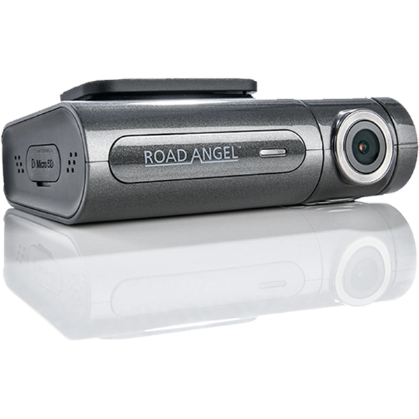 Compact Road Angel dash camera with lens and micro SD slot.