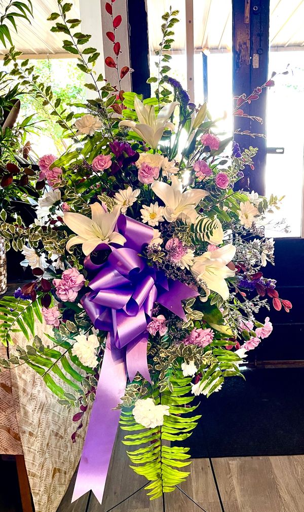Purple & white standing spray