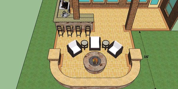 3D Custom Paver Patio, Stone Bench, Fireplace, Outdoor Kitchen Design, Houston Landscaping Design.