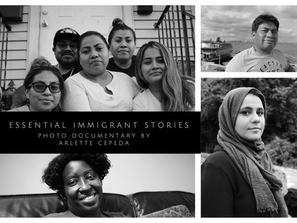 Essential Immigrant Stories Postcard front - Photo Exhibit. Many portraits of diverse people