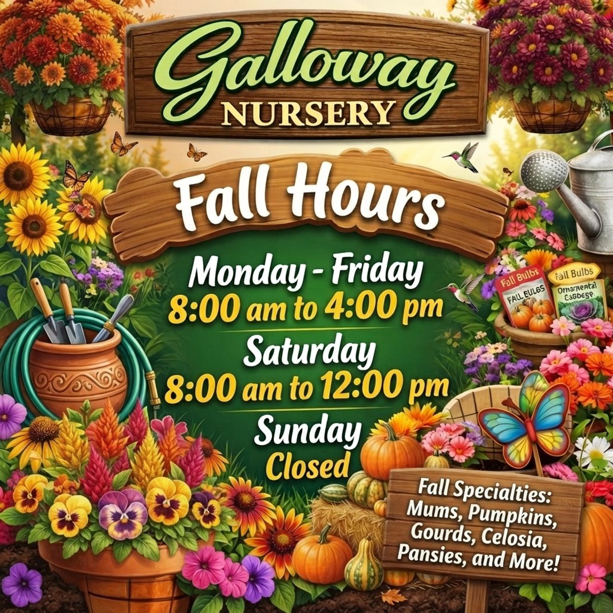 Galloway Nursery Fall Hours and Specialties sign.