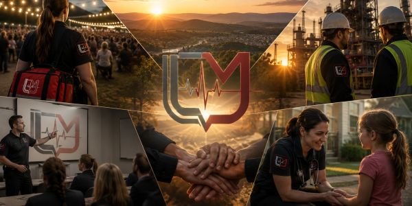 Collage showing emergency response, teamwork, and training at sunset.