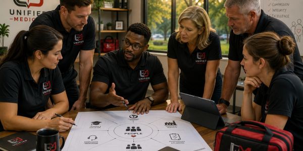 Team collaborating over a project plan at a meeting.