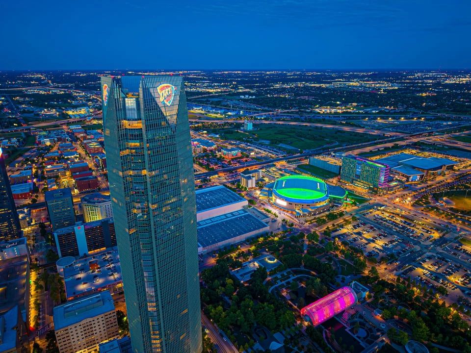 Aerial view of Oklahoma City at night