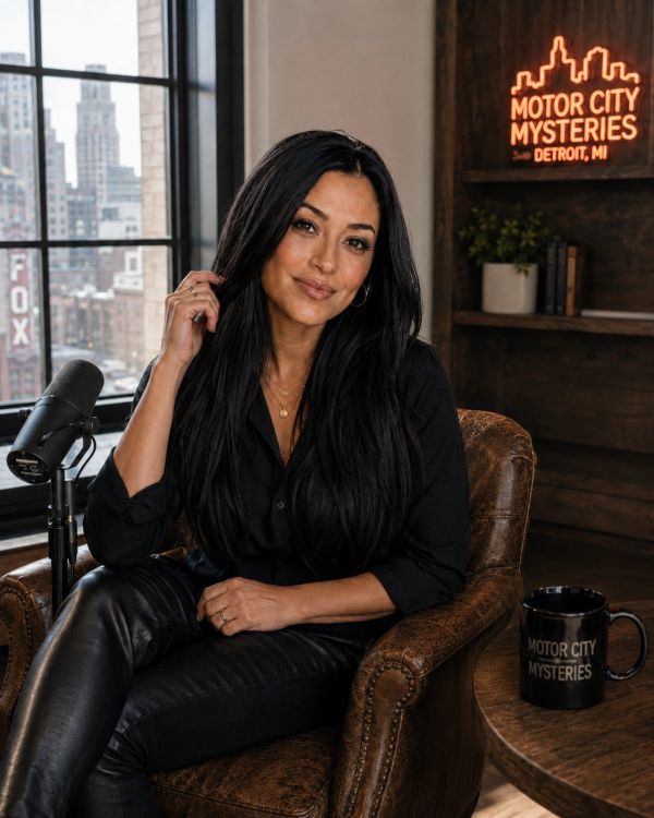 Woman with long black hair sitting in a leather chair in a studio.