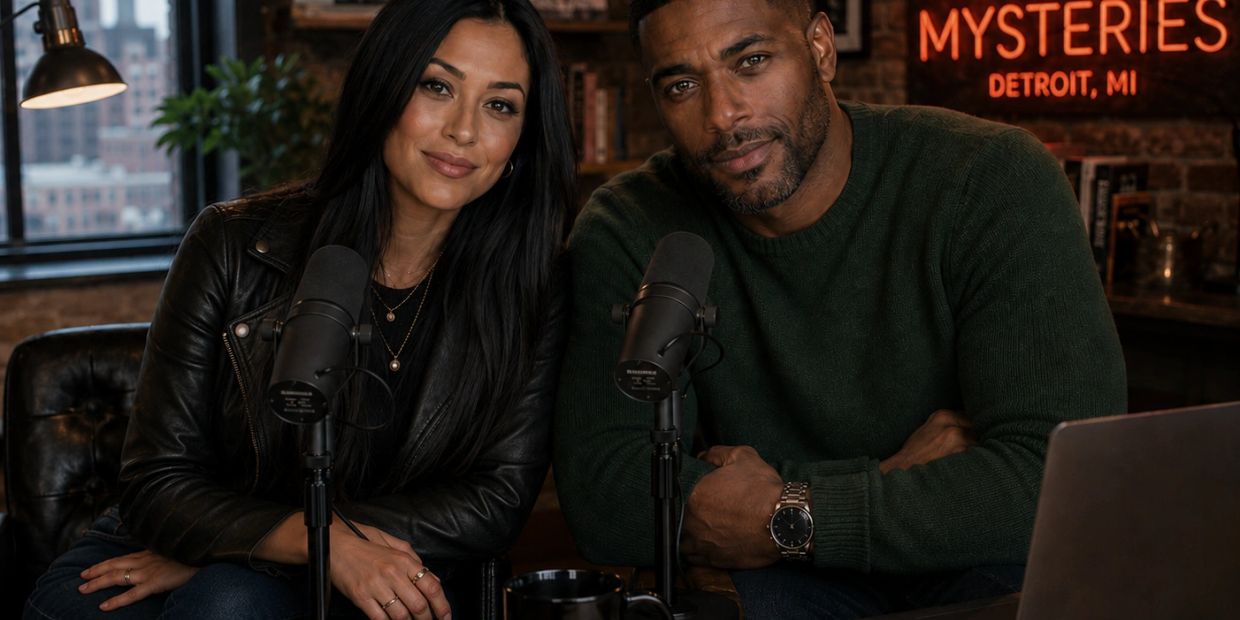 Two people sitting in front of microphones, ready for a podcast.