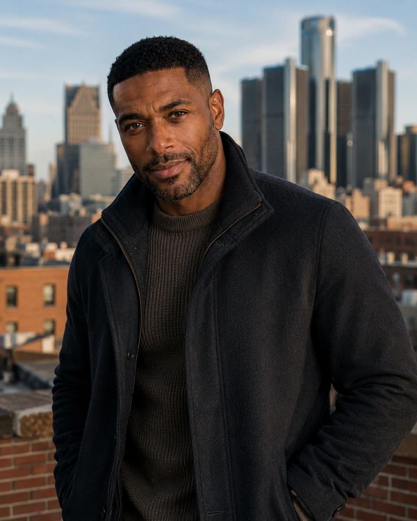 Man standing outdoors in a stylish coat with city buildings in the background.
