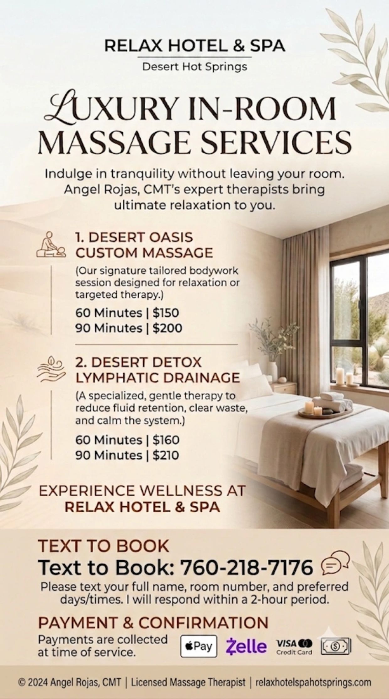 Relax Hotel & Spa offers luxury in-room massage services in Desert Hot Springs.