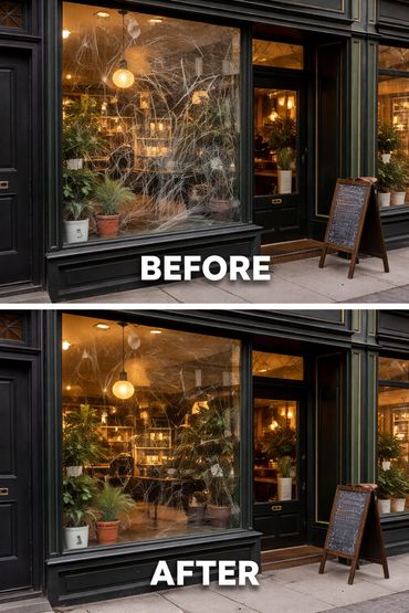 Comparison of a storefront window with cracks before and after repair.