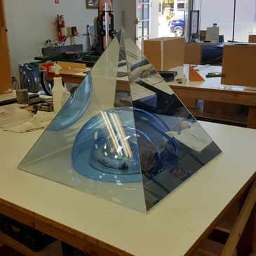 Custom acrylic art decor in pyramid shape with mirror dome inside